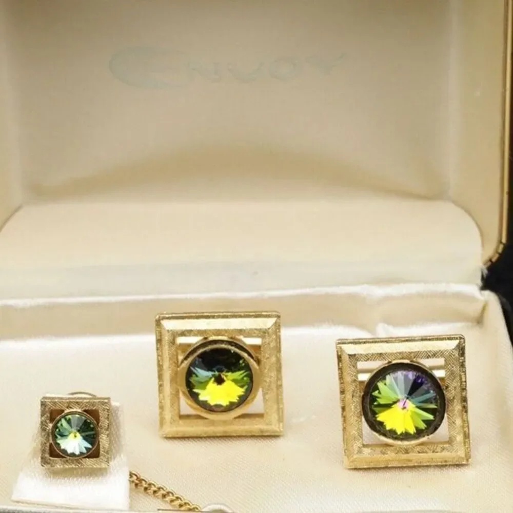 VTG 1960s Iridescent GP Cufflinks + Tie Tack Set Envoy